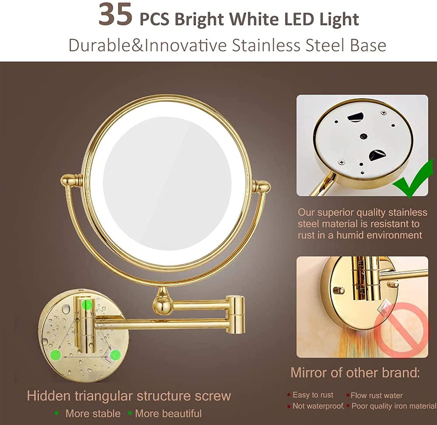 Espejo de Maquillaje montado en la Pared con Aumento, Espejo de tocador LED de Doble Cara for baño con extensión giratoria de 360 ​​° Dorado de 8 Pulgadas, con Enchufe