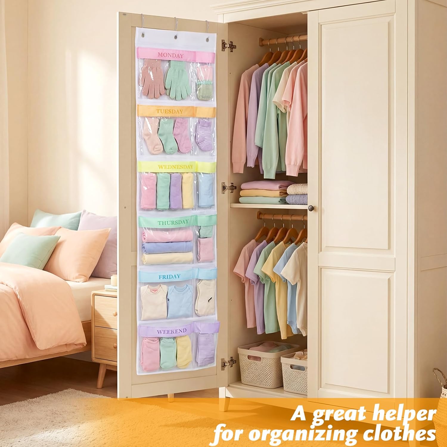 Colarr 2 Pack Weekly Clothes Organizer for Kids 6 Shelf Days of The Week School Clothing Organizer Monday to Weekend Over The Door Hanging Closet Storage for School Outfits