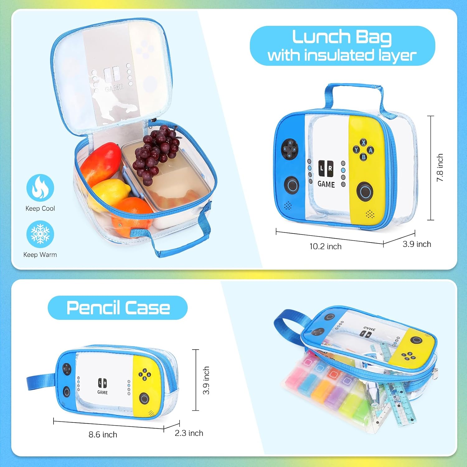 Clear Backpack for Boys, PVC Transparent Cool Luminous Gamer Backpack for Boys Girls Kids Children Teens Elementary Middle School, Clear Bookbag with Lunch Box & Pencil Case Set (Blue Yellow) - Image 7
