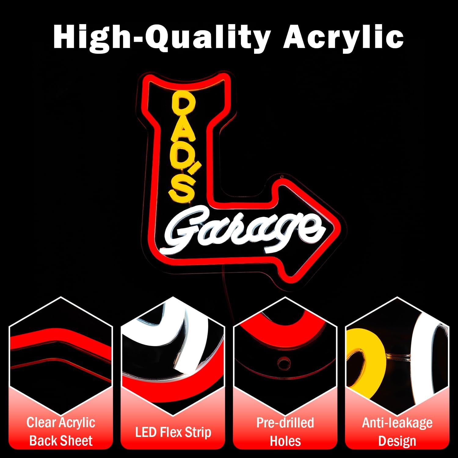 Dads Garage Neon Sign Dimmable Vintage Garage Signs Curved Arrow Led Sign Papas Workshop Neon Lights Fathers Day Garage Gifts for Car Guys Dad