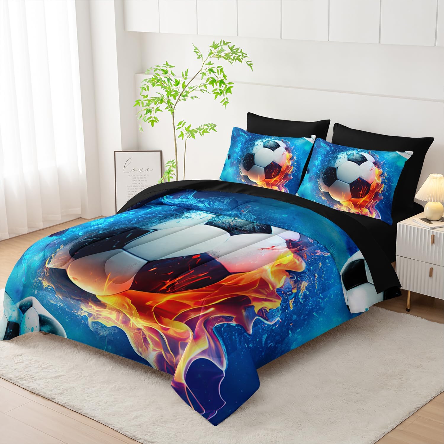 AILONEN Kids Soccer Comforter Set Full Size,7-Piece Soft Bed in a Bag,Ice and Fire Sport Boys Soccer Comforter & Fitted Sheet with Flat Sheet & 2 Pillowcases,2 Pillow Shams for Bedroom - Image 2