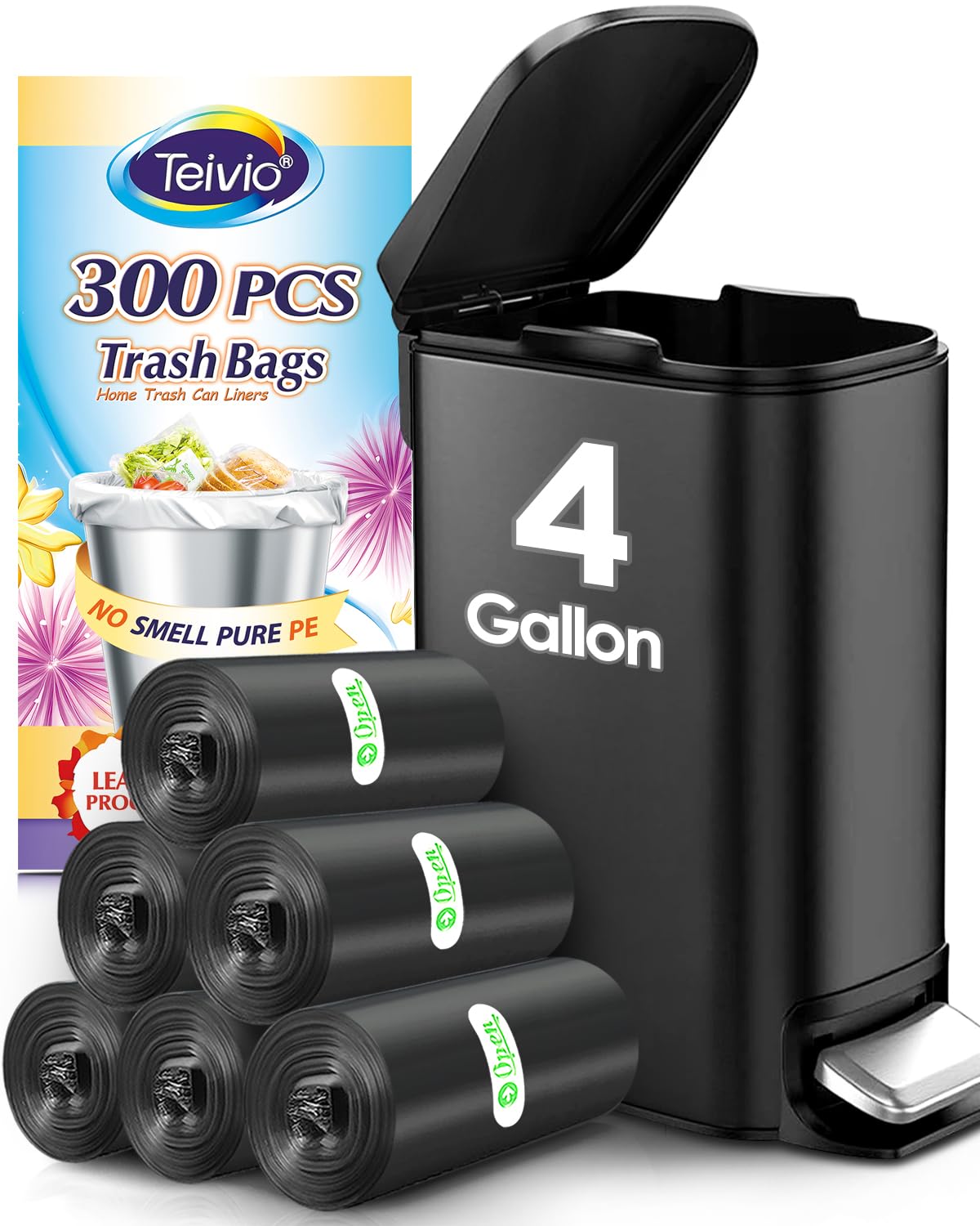 4 Gallon 300 Counts Strong Trash Bags Garbage Bags by Teivio, Bathroom Trash Can Bin Liners, Small Plastic Bags for home office kitchen, Black