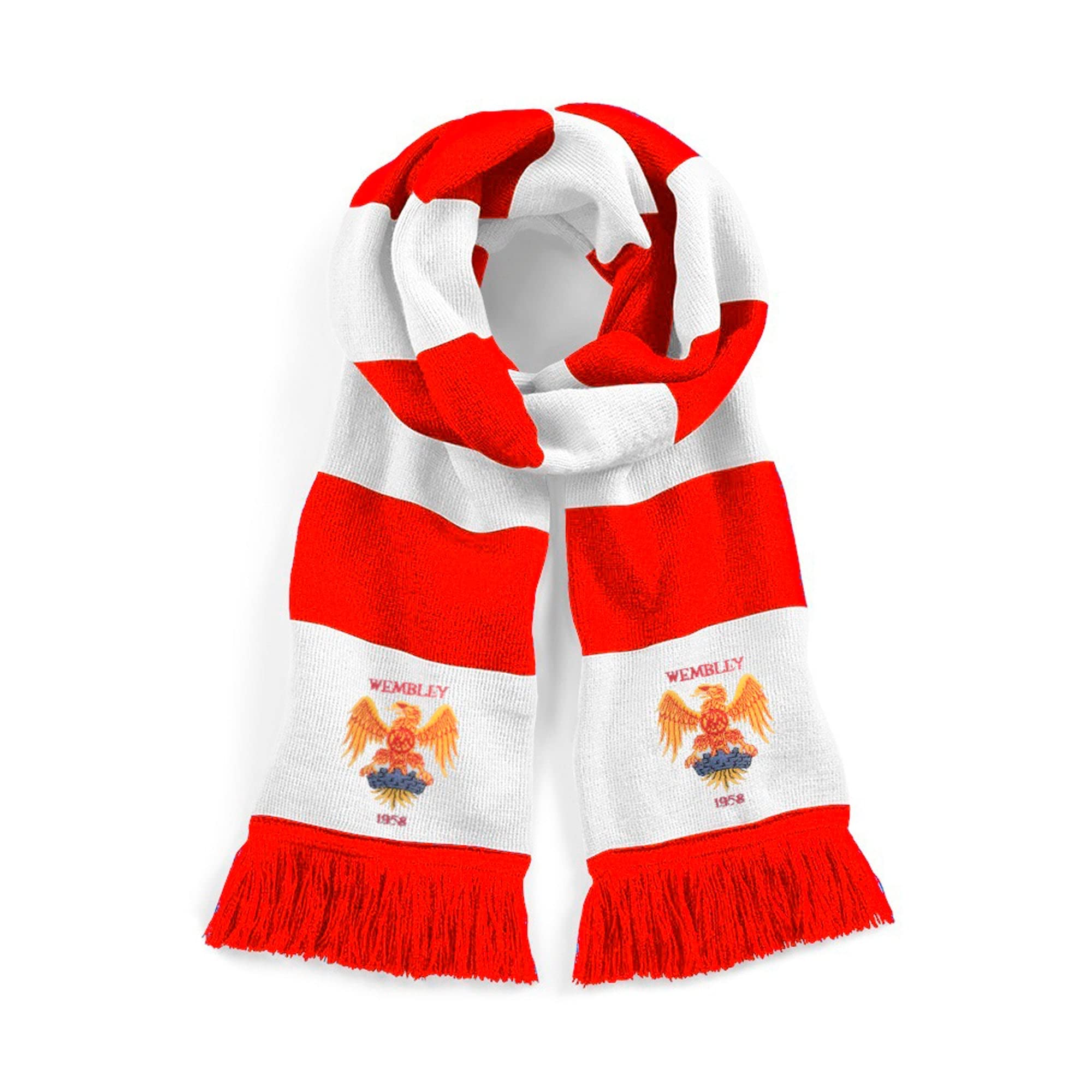 Manchester U. 1958 Retro Traditional Football Scarf Embroidered Logo, Red/White, 187cm x 17cm