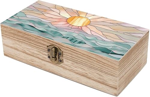 Miniatura 6 de Sunset Ocean Waves Wooden Storage Box with Hinged Lock,Decorative Handmade Keepsake Jewelry Chest, Elegant Retro Decor Boxes, Compact Organizer Box