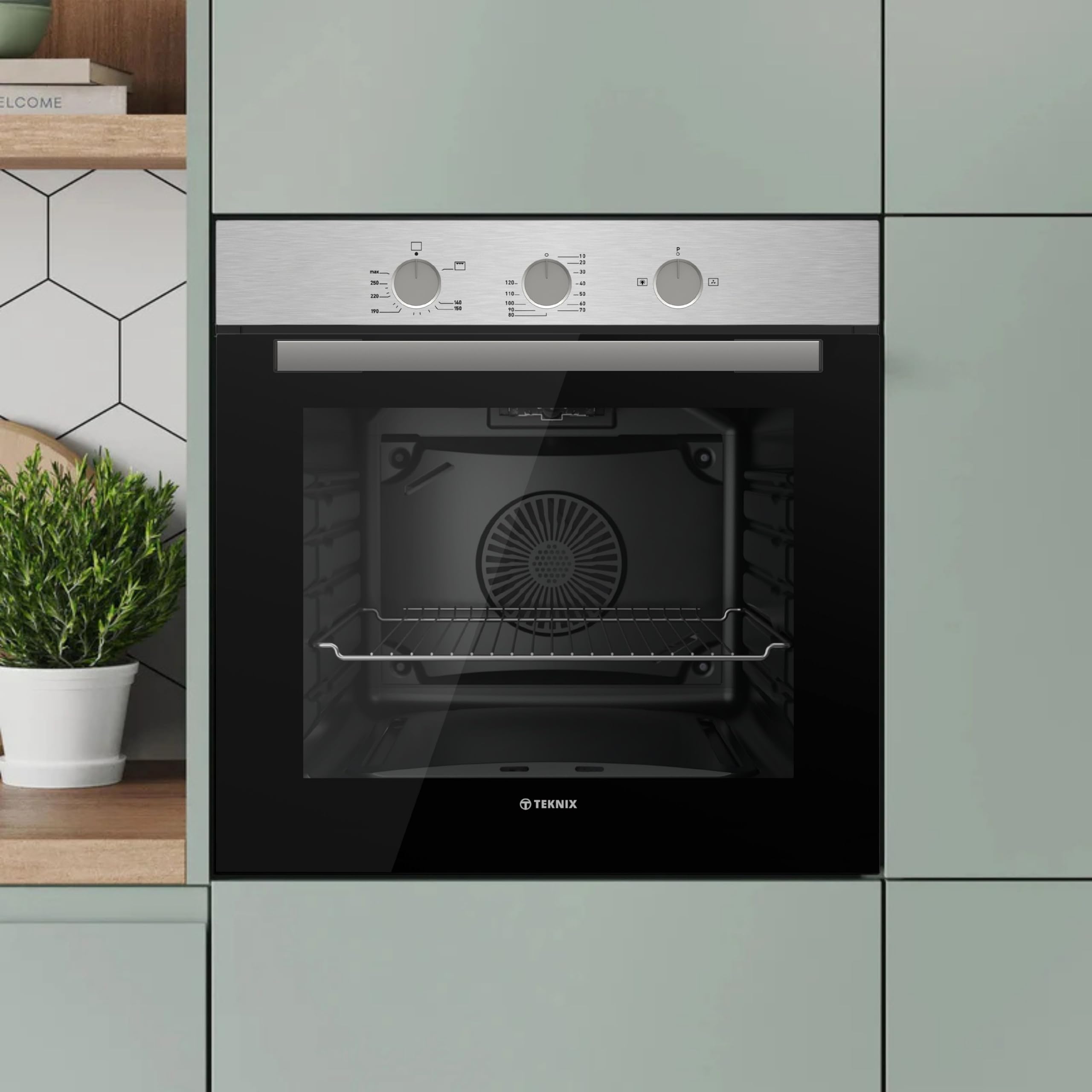Teknix BITK263GSX Four Intégré Gaz 60cm - Intégré avec une capacité de 63L - GPL Convertible - Minute Minder Mécanique - Double vitrage - Acier inoxydable, L59,5 x H59,5 x P55,0 cm