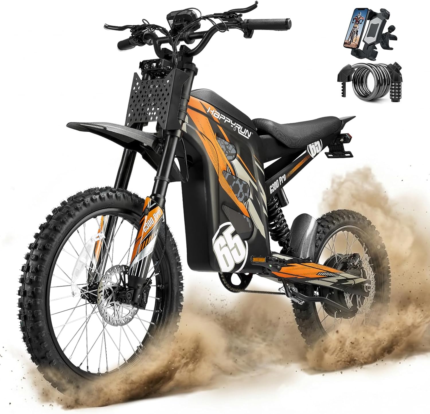 HAPPYRUN G300 Pro Electric Dirt Bike for Adults, 72V 30Ah Battery, 6500W Motor, 50 MPH Speed, 70 Mile Range, 350 Lbs Load Capacity, Hydraulic Brakes Black