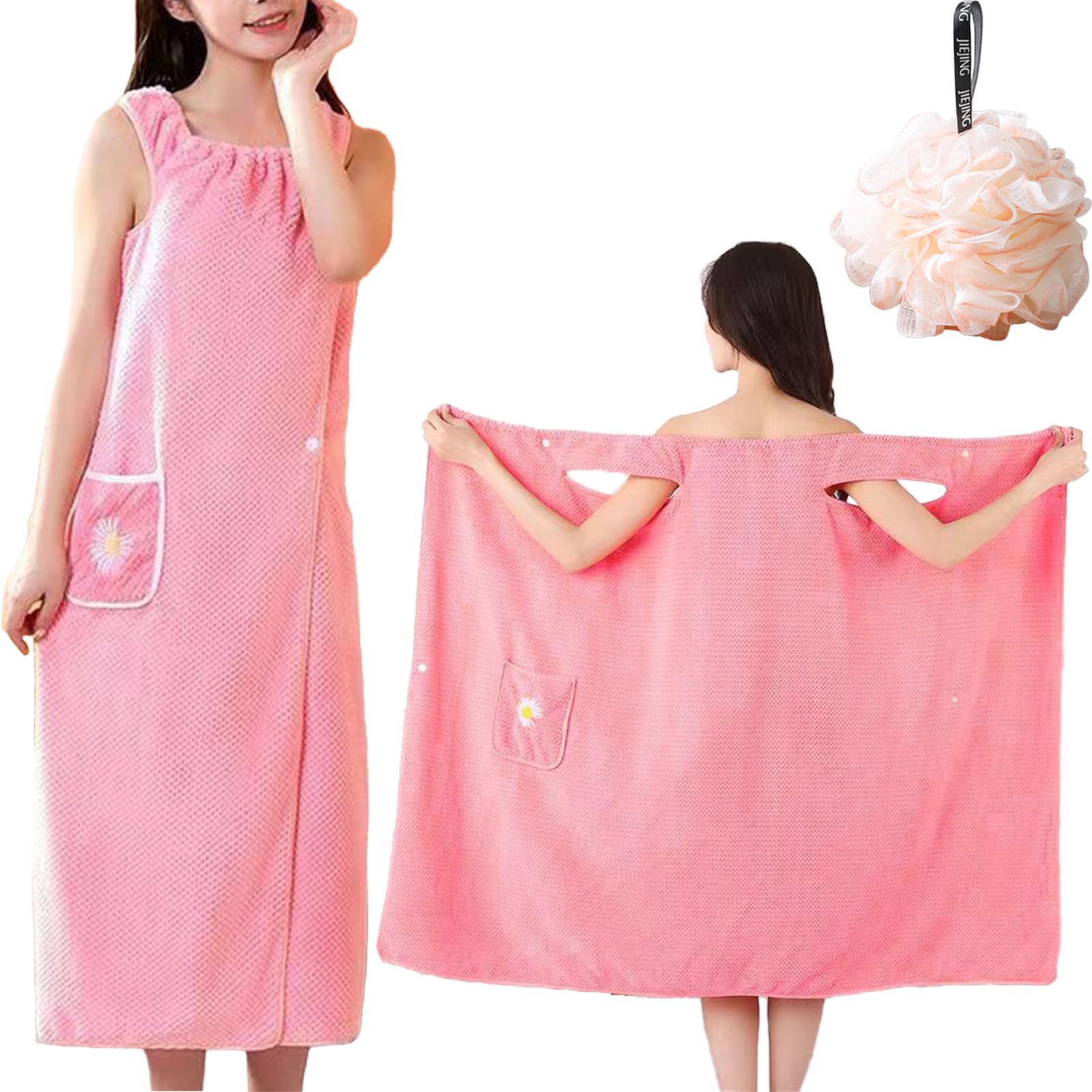 ZenyTra Women's Bathrobe with Pockets, Rose Absorbent Terry Towelling Bathrobe for Sauna, Beach & Swimming Pool, Soft Sauna Towel with Large Pockets (with 1 Shower Ball)
