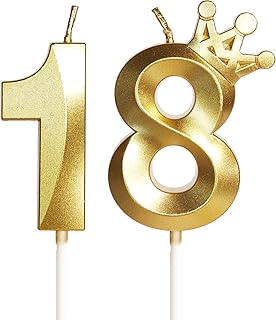 18th Birthday Candles for Cake, Number 18 Gold Candles with Crown, 3D Design Birthday Cake Topper for Boy Girl Women Men Birthday Party Wedding Anniversary Celebration Decorations Supplies