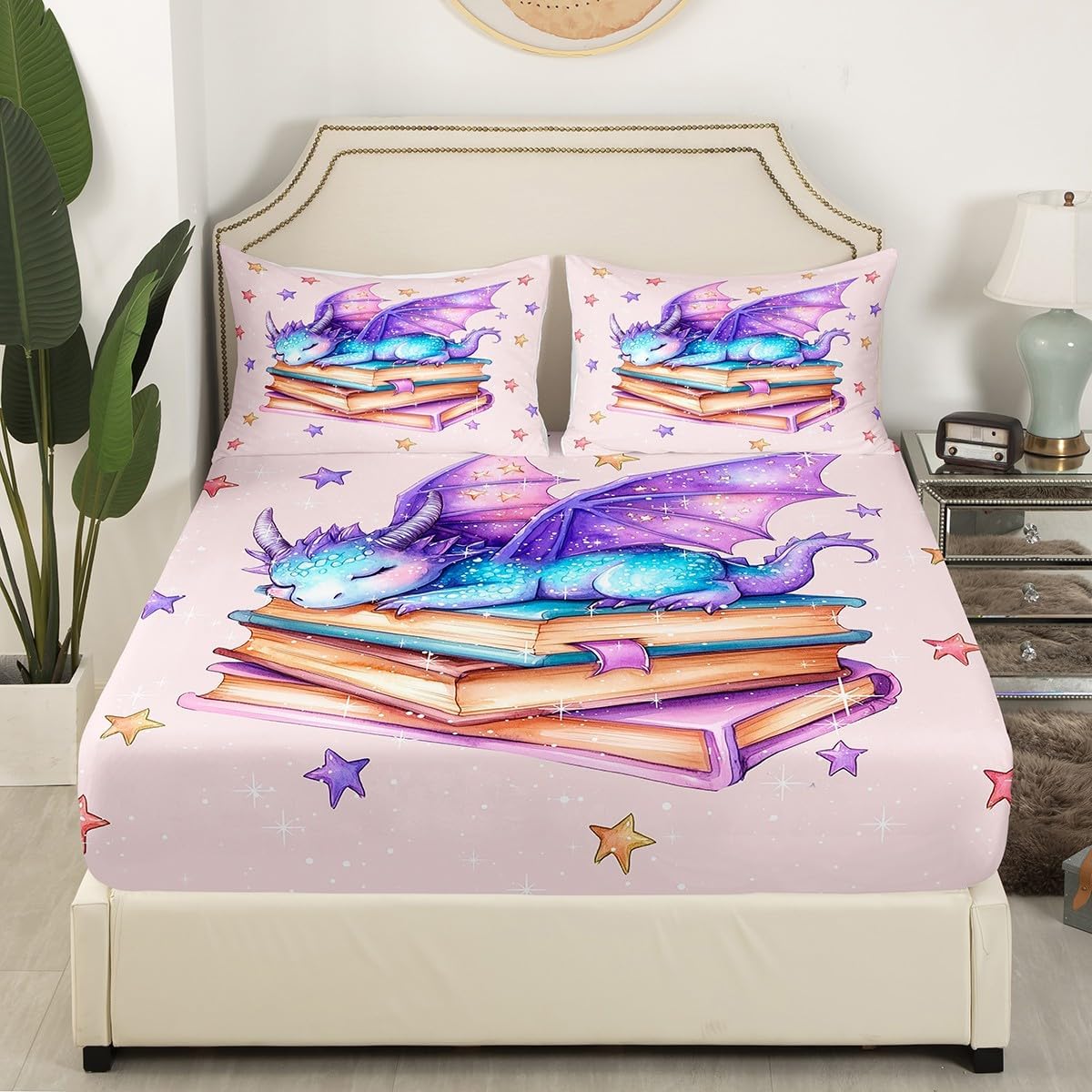 Blue Purple Dragon Fitted Sheet Twin Size,Dreamy Cartoon Starry Sky Bedding All-Round Elastic Pocket,3D Dragon Wildlife Glittering Stars Pattern Bed Sheet 2 Pieces Fits Mattress(No Flat Sheet)