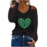 Womens St Patricks Day Shirts Long Sleeve Half Shoulder T Shirts Cute Heart Printed Clover Lucky Wine Glass Tops