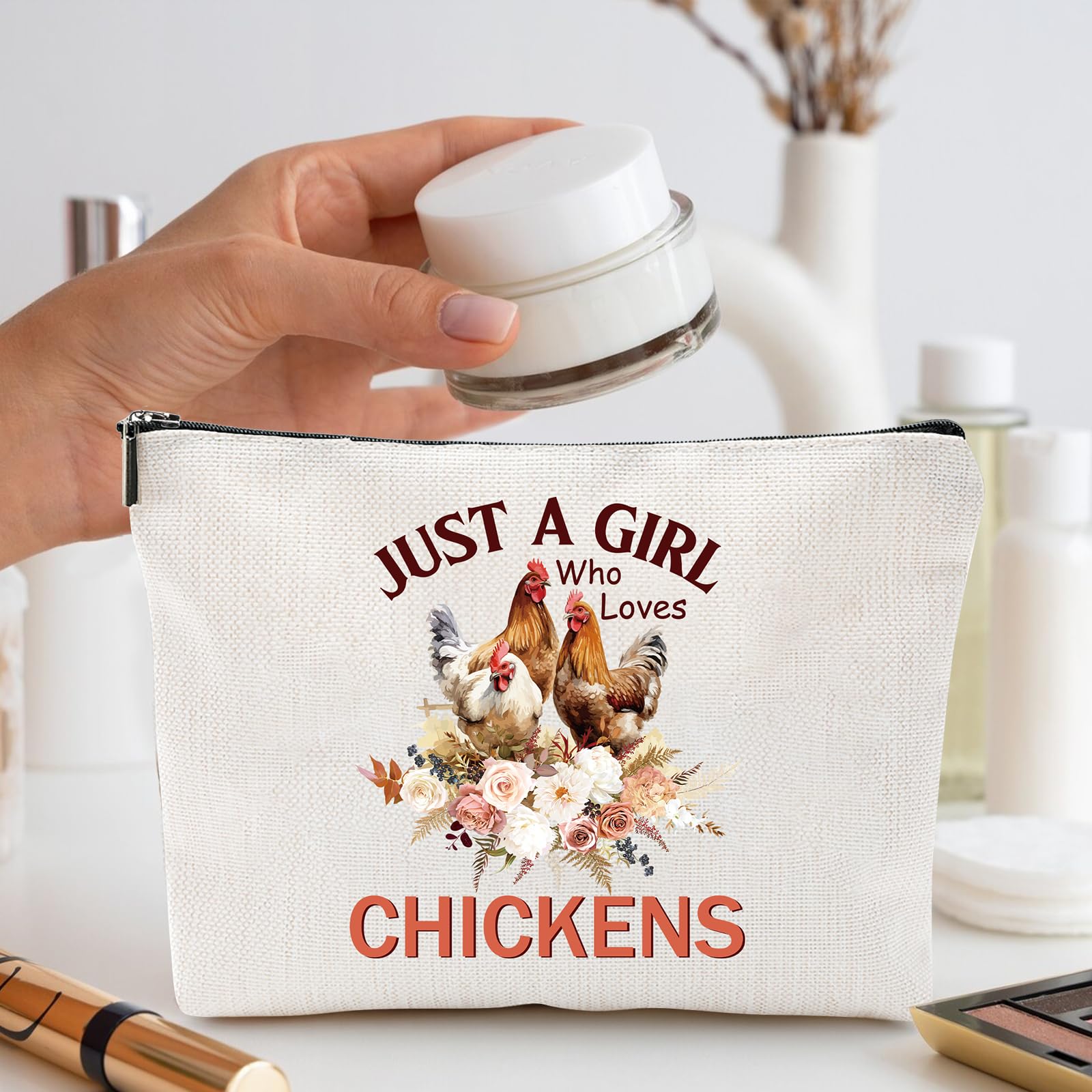 Sitsink Funny Gifts for Chicken Lovers - Just a Girl Who Loves Chickens Unique Gifts for Women, Rooster Flower Bouquet Makeup Bags, Gifts for Best Friends Birthday, Chicken Mom Stuff Girls Gifts