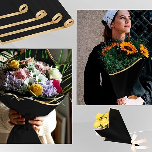 Miniatura 3 de NQEUEPN 20 hojas de papel de regalo de flores, papel de regalo de ramo impermeable con borde dorado, papel de embalaje floral, suministros de