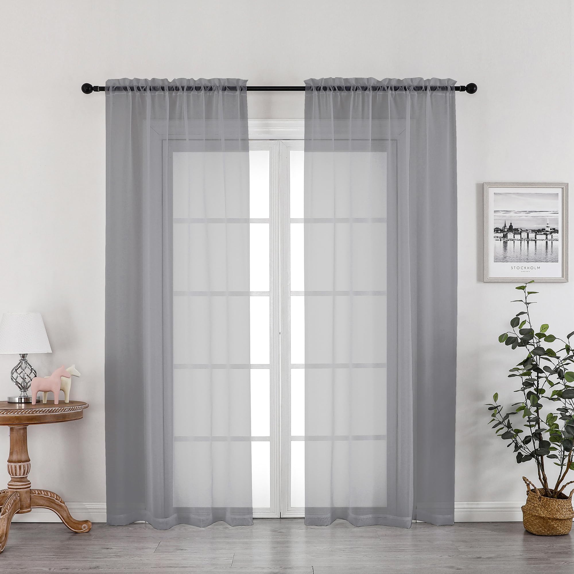 OWENIE Grey Sheer Curtains 72 Inches Long 2 Panels, Transparent Voile Sheer Curtain Double Rod Pocket Gauze Drapes for Living Room Bedroom Window Sliding Glass Door Treatment, 42 x 72 Inch