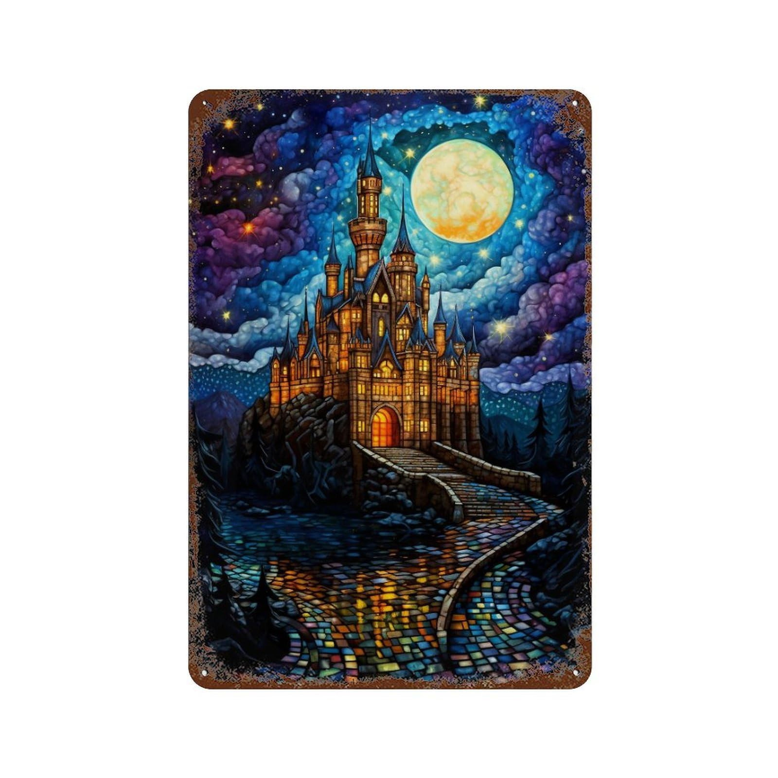 Rusty Metal Tin Sign with Magical Castle Night Scene Design 11.8"x7.9", for Shed, Workshop And Garage Wall Decor, Classic Wall Plaque