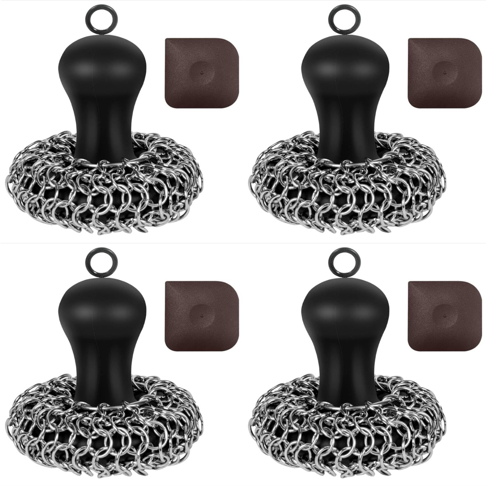 Hndhbfgrt 4X Cast Iron Cleaner Chainmail Scrubber, Upgraded Handle Cast Iron Scrubber Brush 316 Chain Mail Scrubber