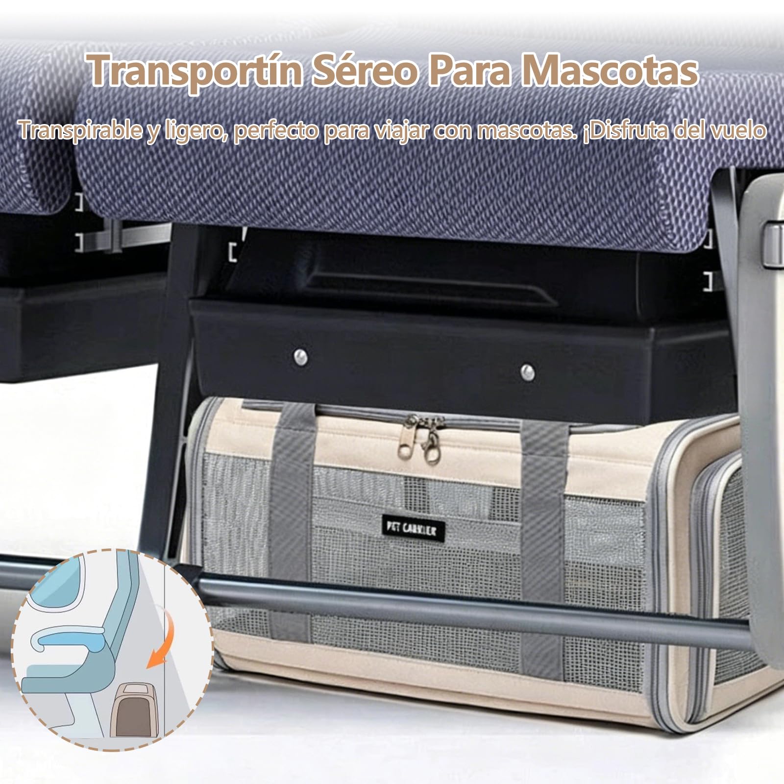 Galatée Bolsa De Viaje para Mascotas, Transpirable, Ligera, Plegable, Se Puede Llevar En La Mano o Cruzada, Múltiples Aberturas, Cierre para Evitar Fugas, Incluye Bolsa De Almacenamiento (Beige)