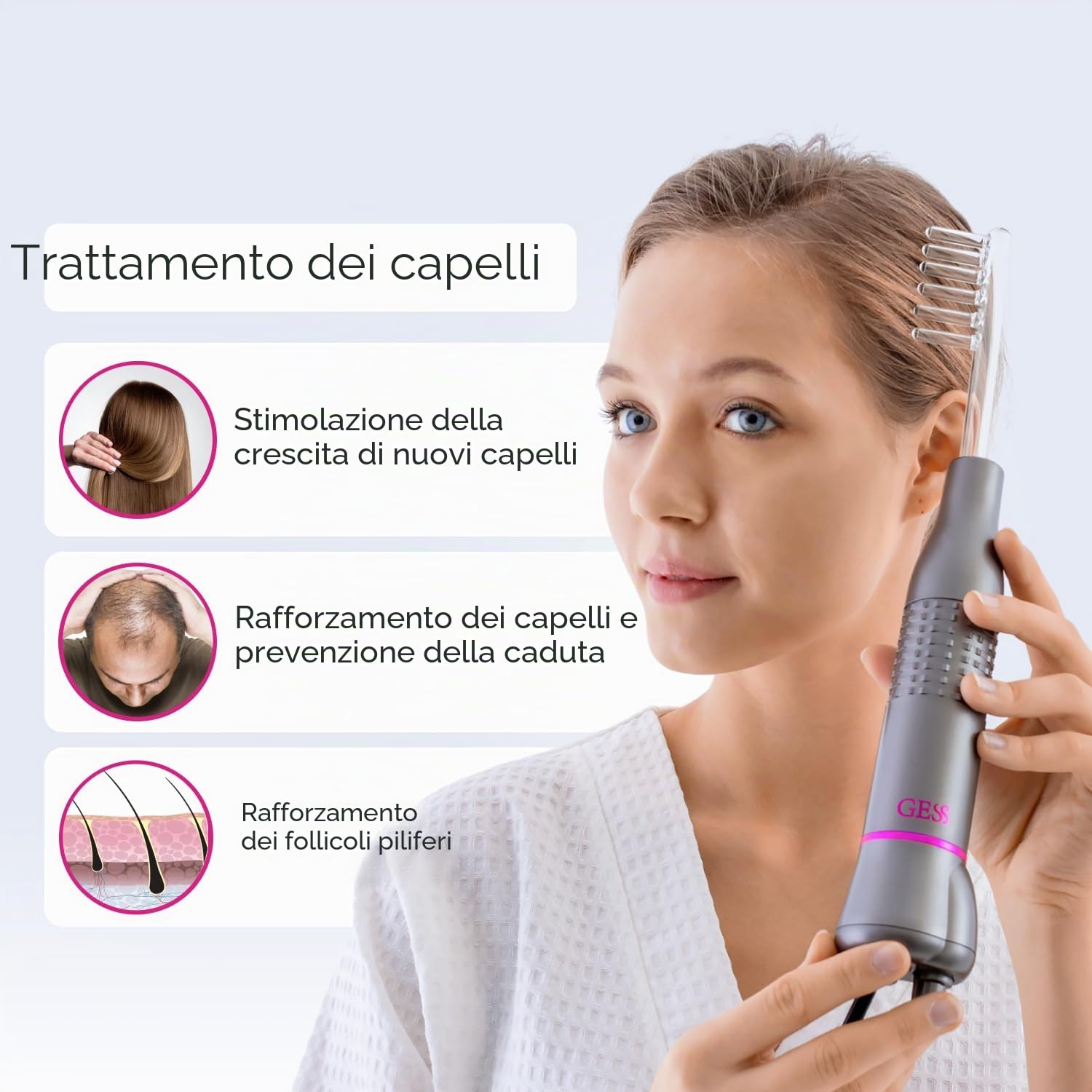 GESS Darsonval 5 in 1 - Asta ad alta frequenza per Capelli e Viso, Gas Argon e Gas Neon, Rimozione dell'Acne, Prevenzione della caduta dei capelli, Rafforzamento della pelle, High Frequency Wand