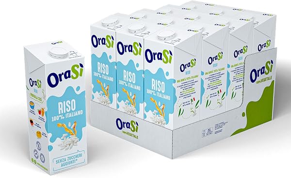 OraSì Bevanda di riso (1 litro, 12 unità) - Alternativa vegetale al latte con riso italiano - Senza lattosio e glutine - Naturale e leggera - Per dieta vegana, ricette e colazione - 1