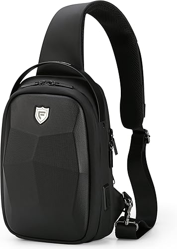 FENRUIEN Bolsa rígida para hombre, mochila cruzada resistente al agua con puerto USB, bolsa de pecho negra para viajesuso diario, Negro -, Mochilas