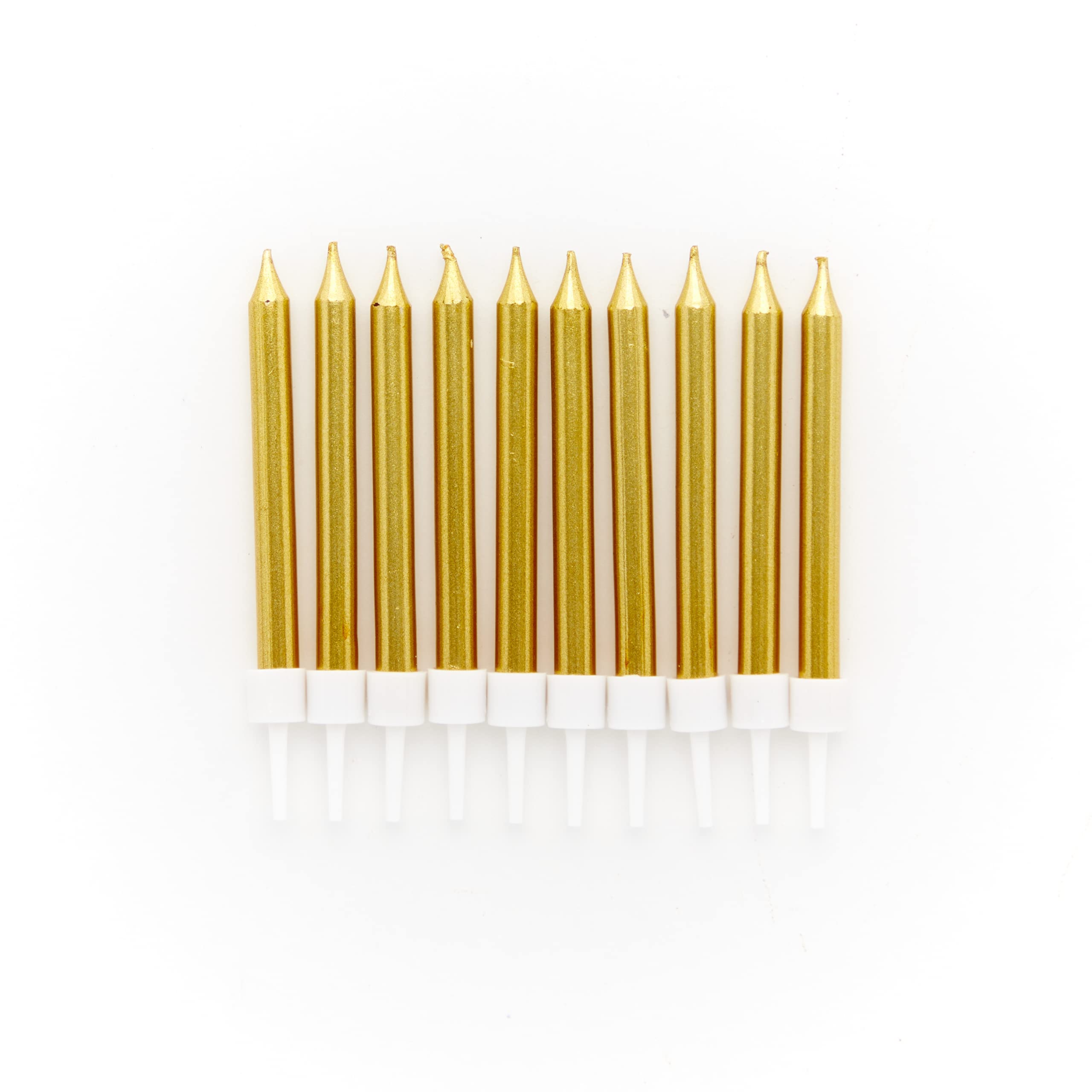 Amscan 9911937 - Metallic Gold Cake Candles & Holders - 10 Pack