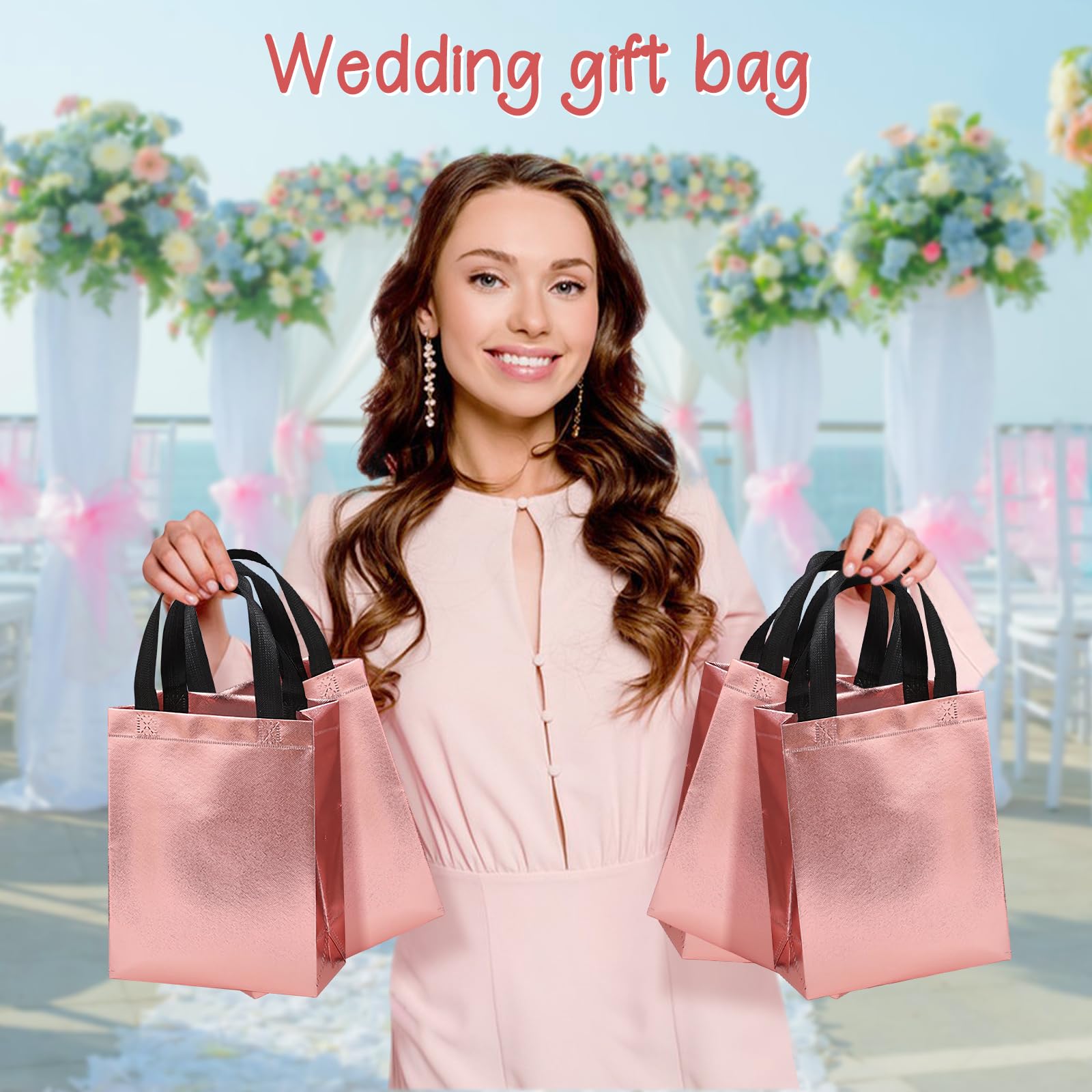 PSPIKXEG Paquete de 20 bolsas de regalo brillantes de color rosa intenso con asa, bolsas de regalo de dama de honor de tamaño mediano, bolsas a granel, bolsa de regalo de despedida de soltera, bolsas