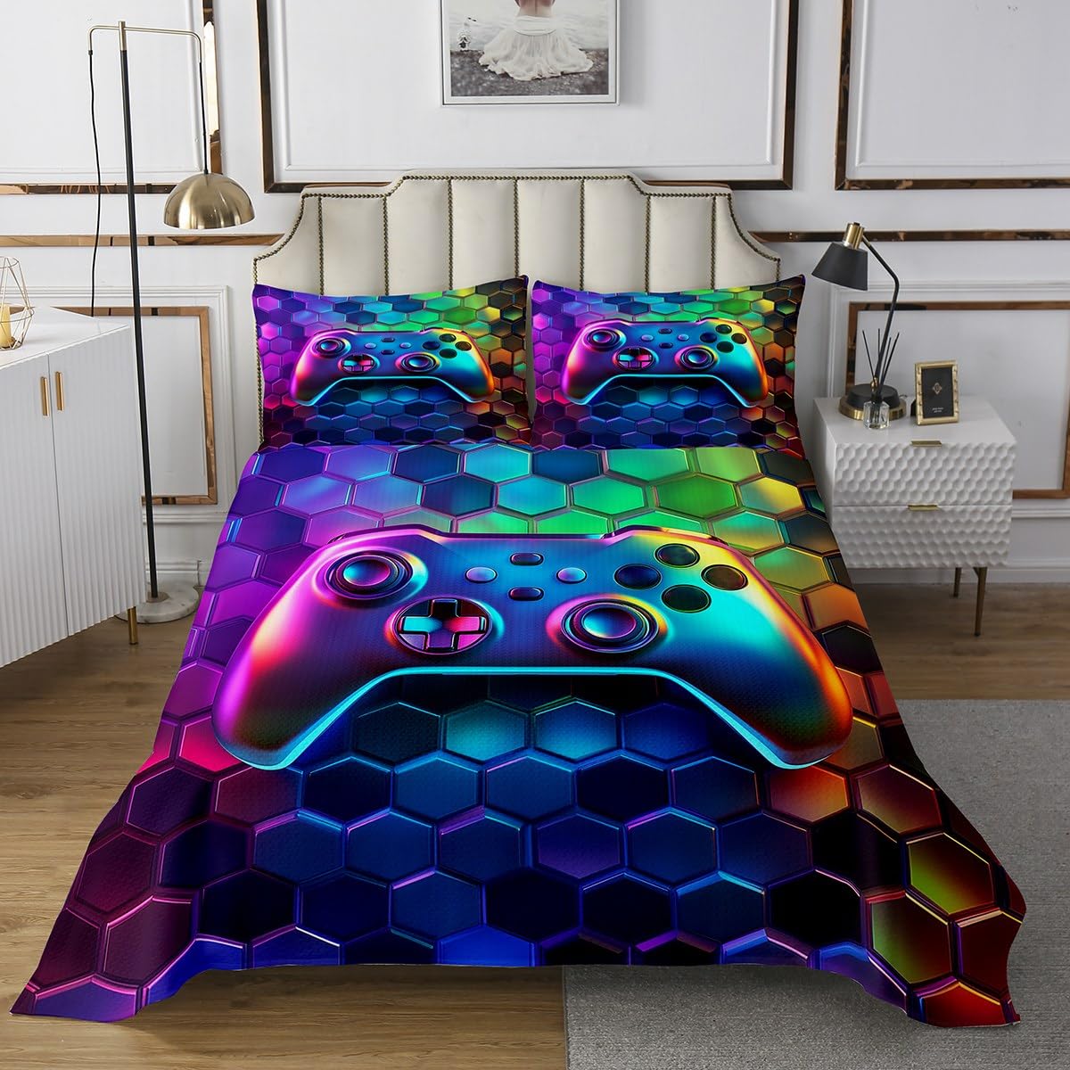 Manfei Video Games Bedspread Twin Size, Geometric Gamer Controller Coverlet Set 2pcs, Gaming Gamepad Quilted Coverlet with 1 Pillowcase, Kids Boys Teens Room Decor, Soft Bedding Quilt