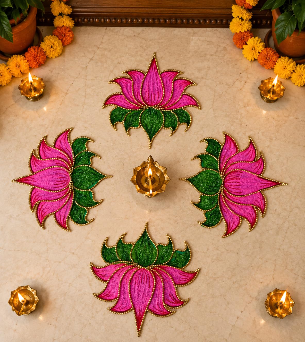 Lotus Rangoli Patches, Reusable OHP Sheet, Pink and Green with Gold Beads Border, Festive Decor-image-46