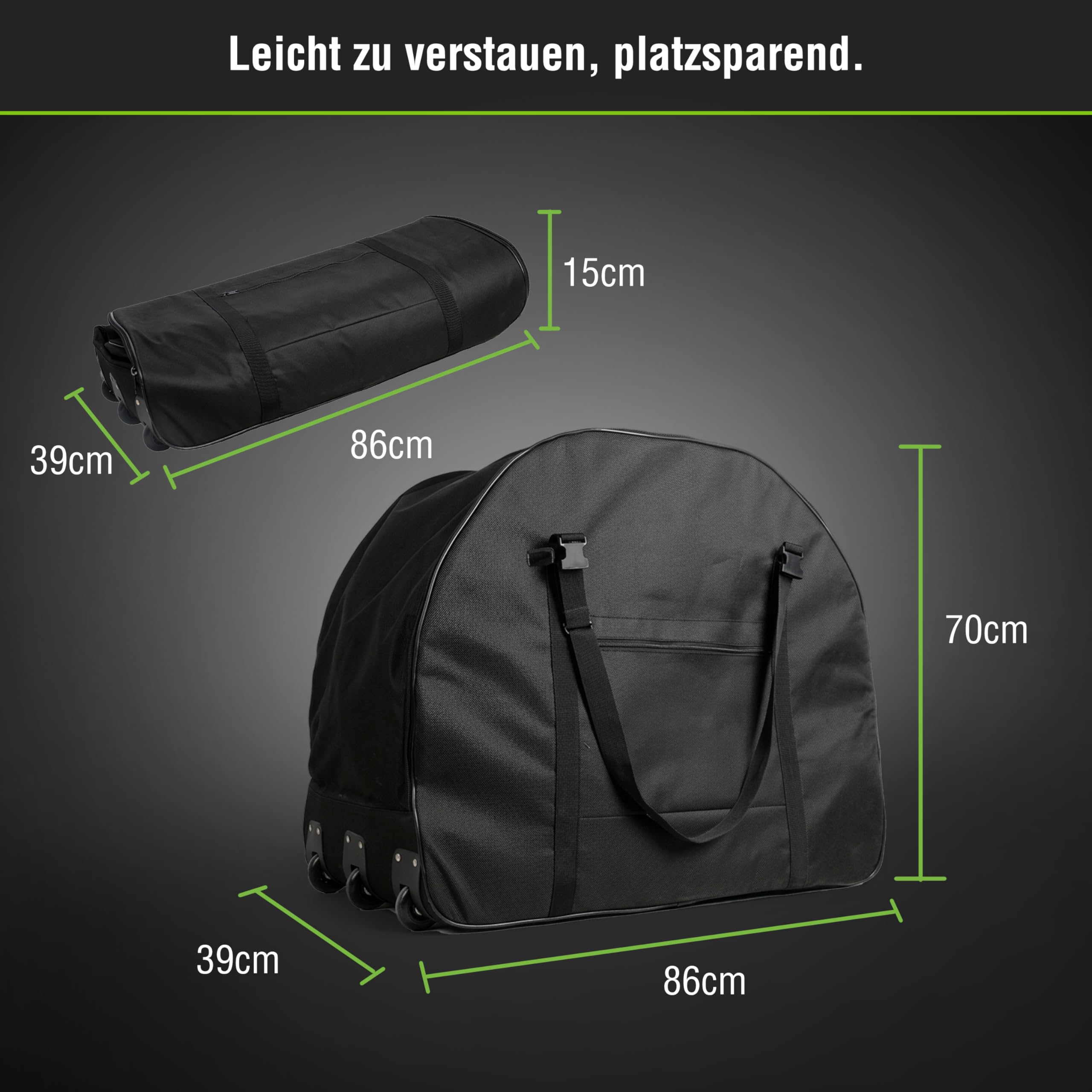 Sac de Transport Vélo Pliant et Électrique 20-22 pouces - Housse avec 3 roulettes pour un transport stable, rembourrée, fond renforcé et bandoulière, Noir