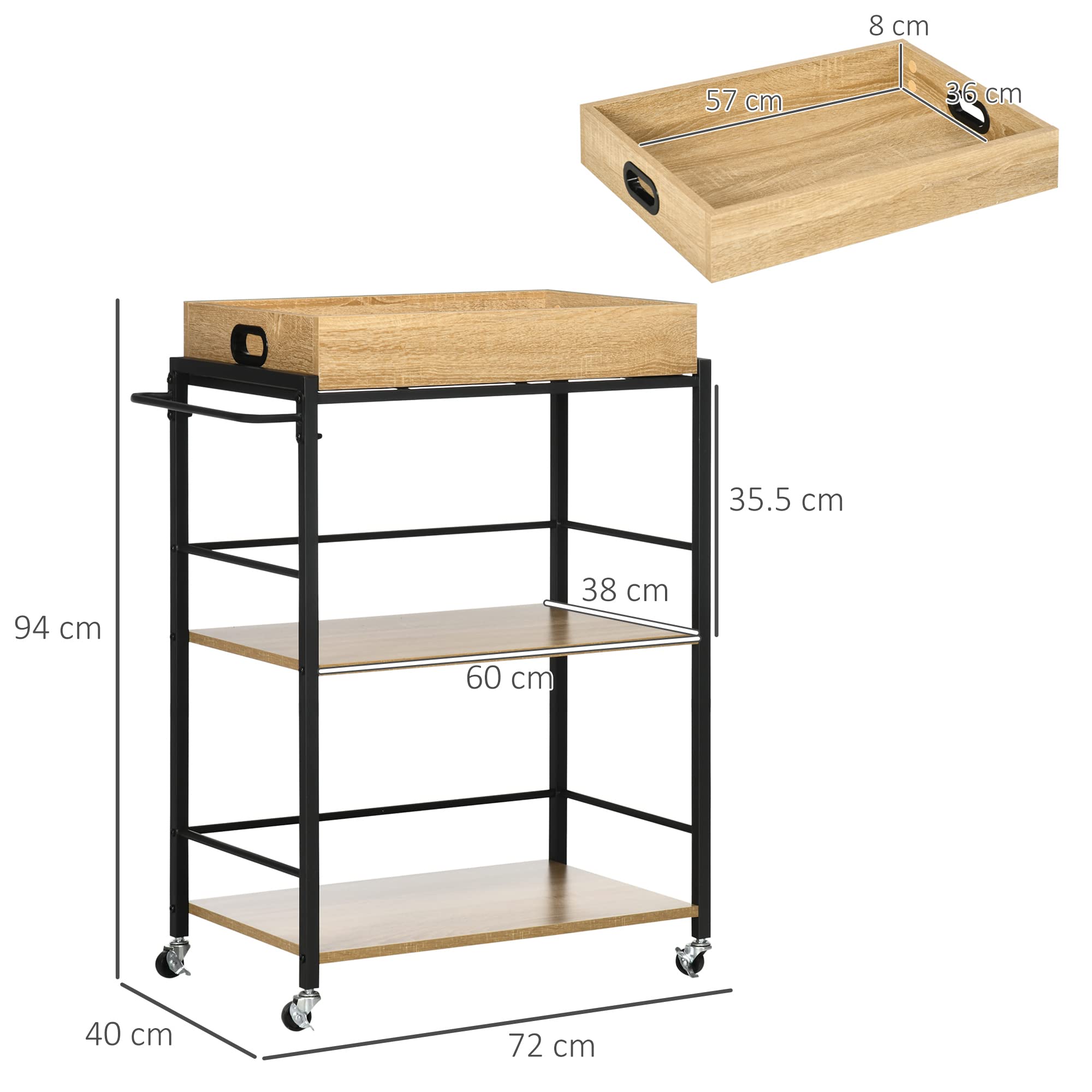 HOMCOM Carrello da Cucina a 3 Ripiani con Vassoio Rimovibile e Ruote Girevoli, Carrellino per Cucina in Stile Industriale 72x40x94cm, Legno e Nero