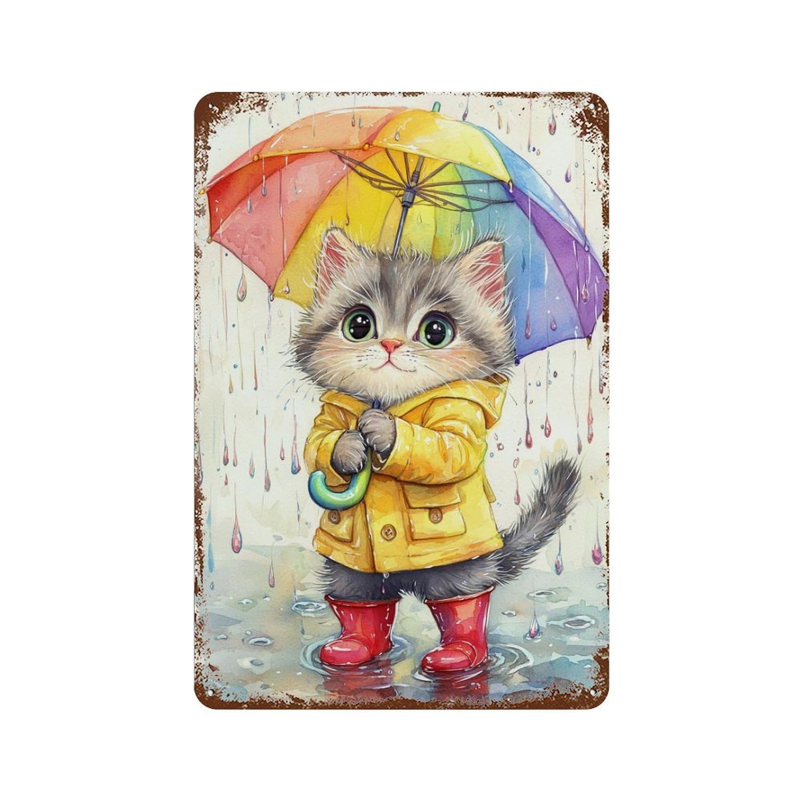 Rainy Day Kitten with Umbrella-10 Rust Effect Tin Sign 11.8"x7.9", Rustic Home Decor for Cafe, Home Bar And Lounge Decor