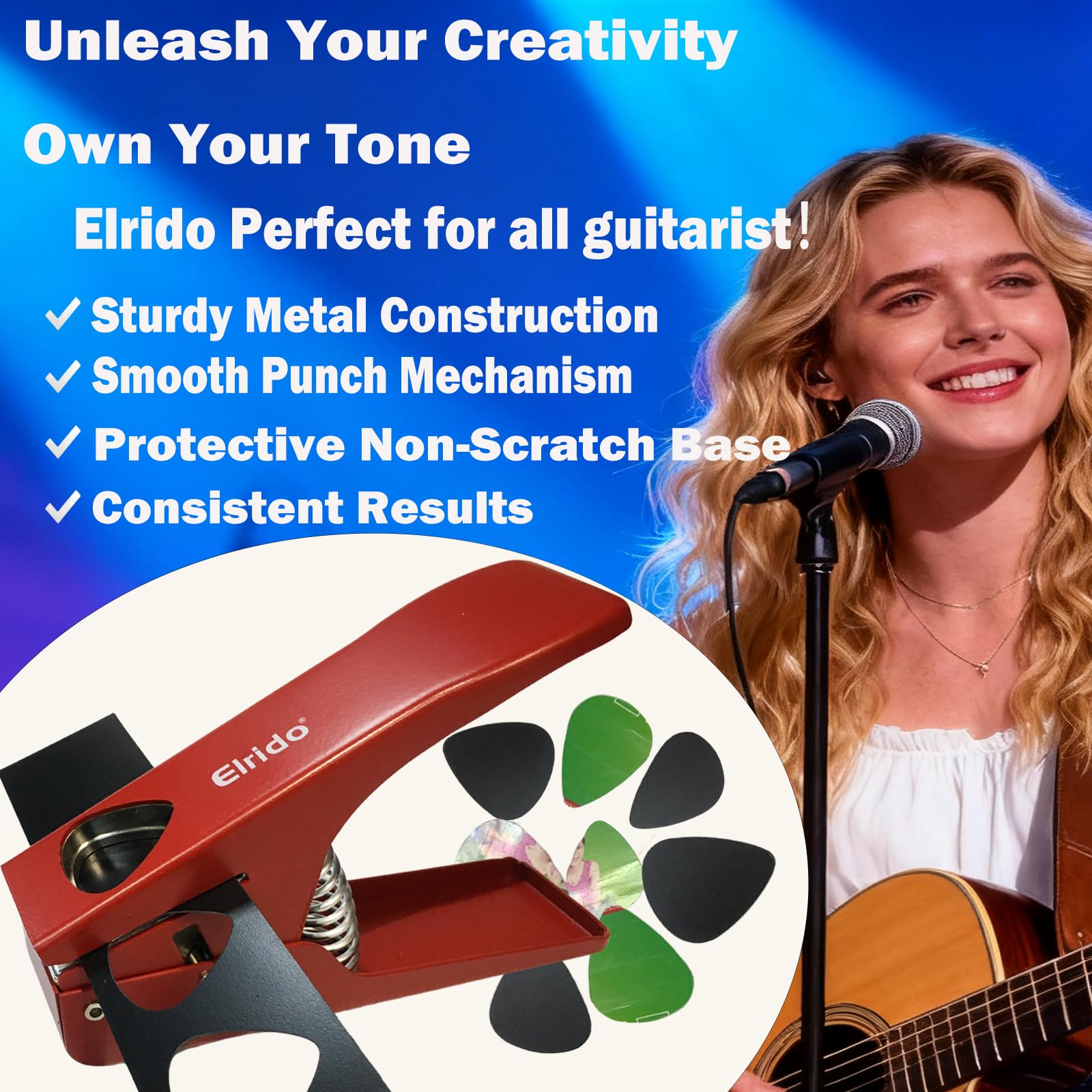 Elrido Púas de guitarra para hacer tus infinitas púas de guitarra, con 2 tiras de púas y soporte de púas de cuero, kit de herramientas perforadoras para guitarra, cortador de púas de guitarra (rojo)