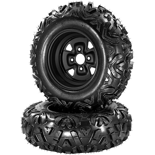 25x10-12 ATV Tires and Wheels Set (2 Pack), 6-Ply All Terrain for UTV/ATV - Heavy-Duty Mud Sand Trail Tires with 4x110 PCD & 4+3 Offset Wheels - Reinforced Sidewalls