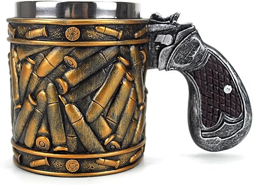 JIUMOZHI Western Revolver - Jarra de pistola con mango de agarre de pistola y carcasa de bala de munición dorada, tazas de café 304 SS Liner 11oz