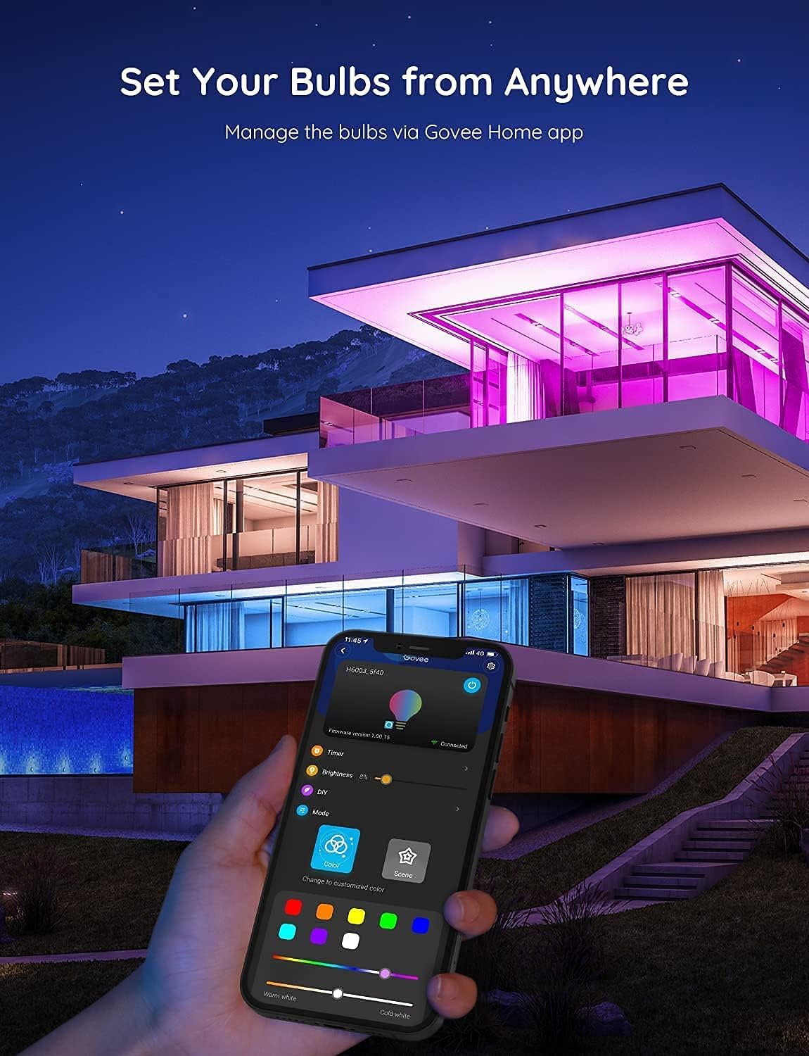 Govee Home app interface showing group control functionality for multiple smart bulbs.