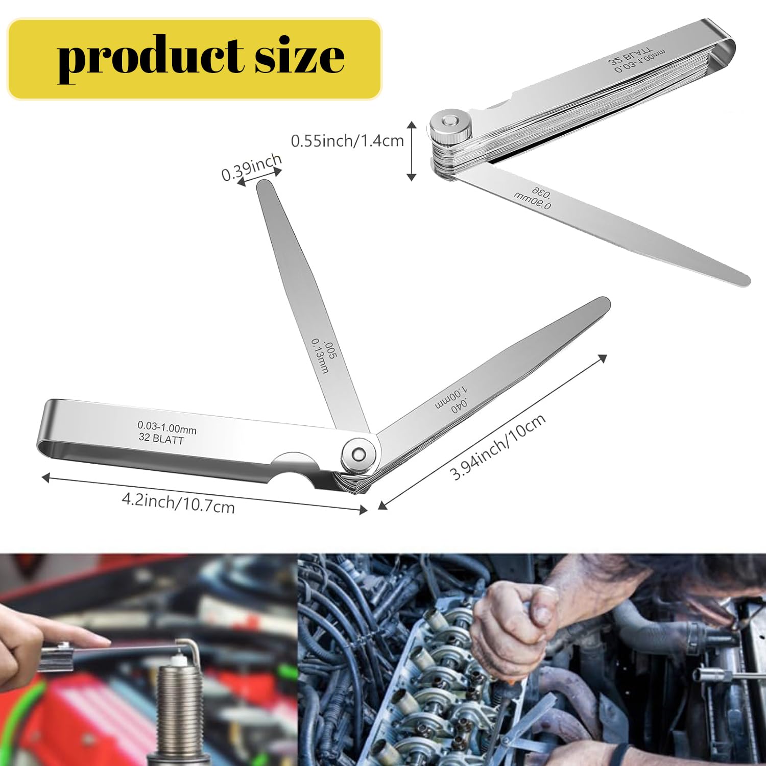 Spessimetro a Lamelle 32 Lame 0,03-1,00mm 0,001-0,04" Acciaio Misurazione Spessore
