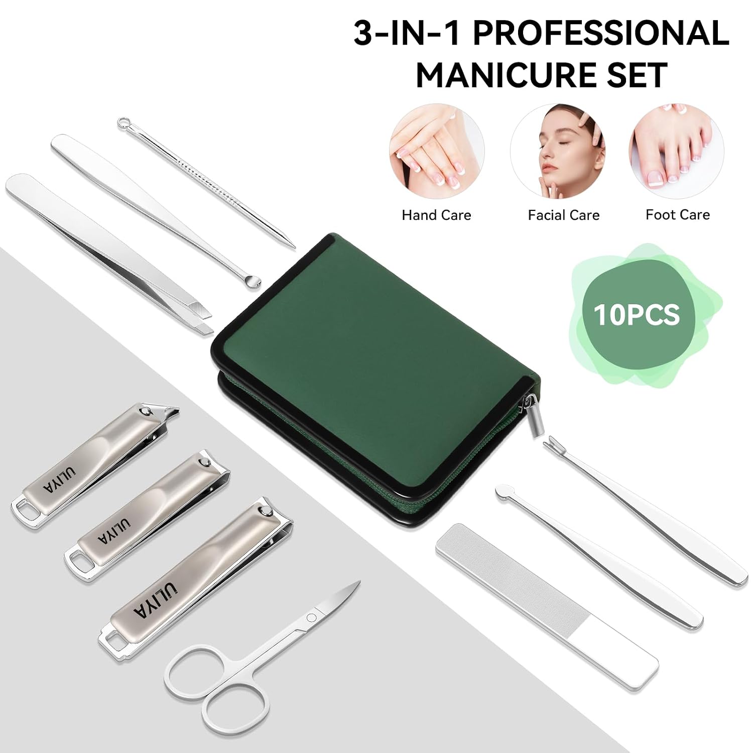 2026 Manicure Pedicure Set 10 in 1, Stainless Steel Nail Clipper Kit, Nail Trimmer Grooming Kit for Men Women, Professional Nail Care Tools with Green PU Leather Travel Case for Home & Travel