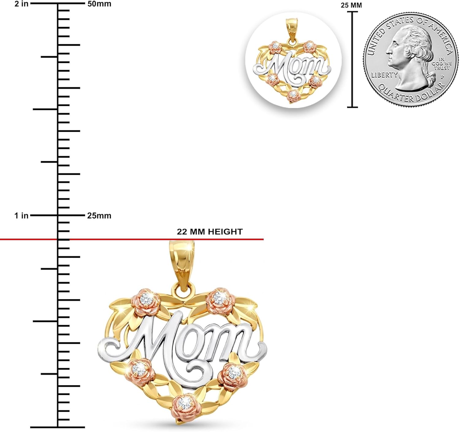 Charm America - Gold Mom Pendant Necklace - 10 Karat Solid Gold - Heart Pendant Charm - Mother Day Gift