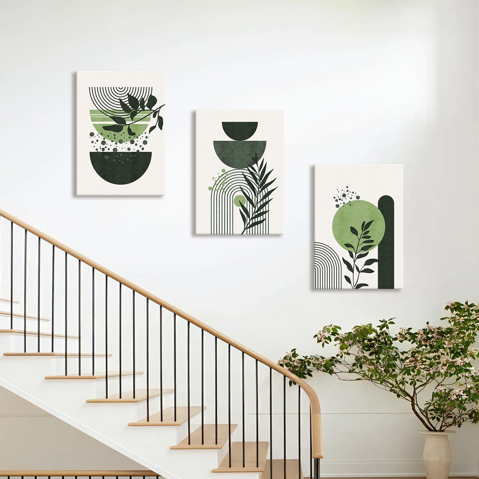 3 Pcs Wooden Framed Canvas Wall Art Set Bohemian Sage Green Canvas Prints Poster Geometric Line Beige Green Pictures for Living Room Bedroom Dinning Room Hallway Stairs Wall Decor 30x40cm x3pcs — view 275