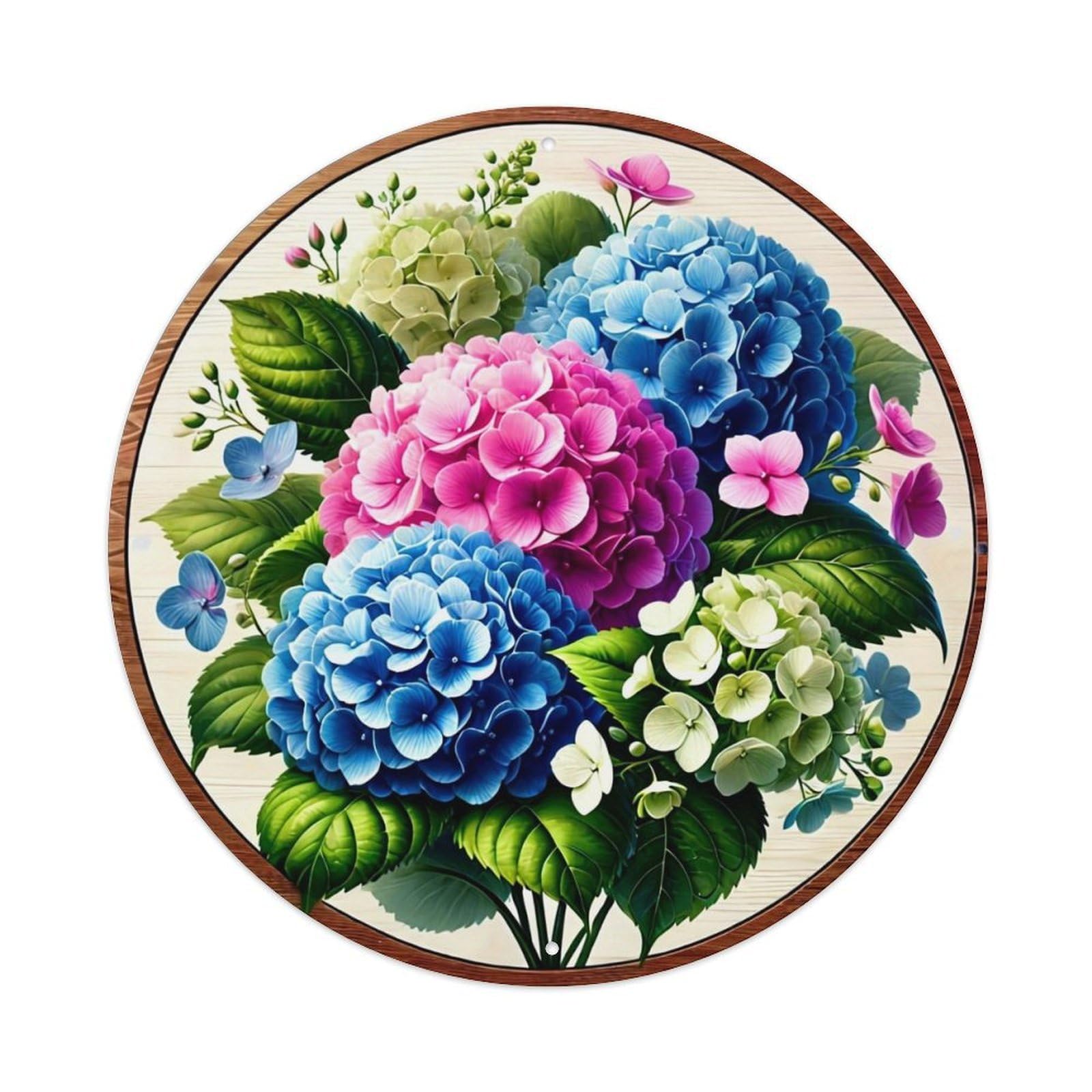 Hydrangea Floral Arrangement Pattern Print Vintage Round Tin Sign Retro Metal Wall Decor Metal Poster, Home Bar Garage Cafe Wall Art Decoration 8x8Inches