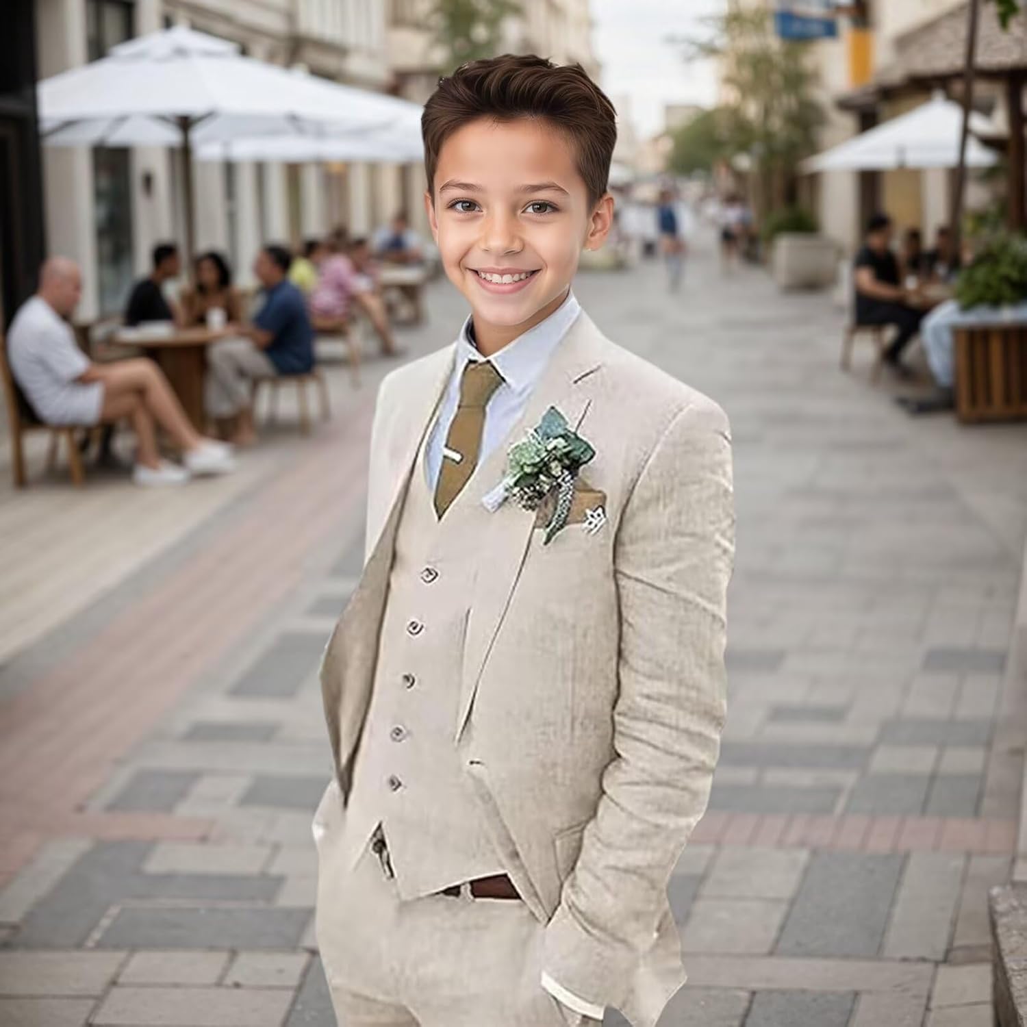 Boys Linen Suit Slim Fit 3 Piece Summer Beach Wedding Tuxedo Suit for Boy Linen Formal Outfit