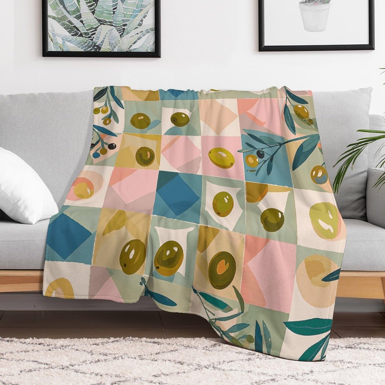 Plaid lit anti-frisson clim en micro polaire douce et légère imprimé olive