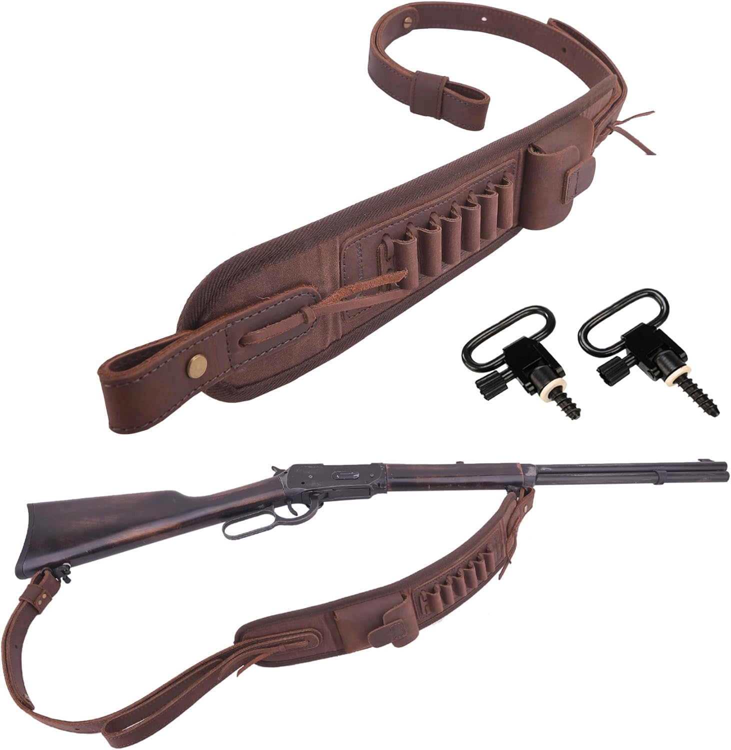 WAYNE'S DOG Brown Leather Rifle Buttstock Cover with Match Gun Sling for .357 .35 .38 30-30