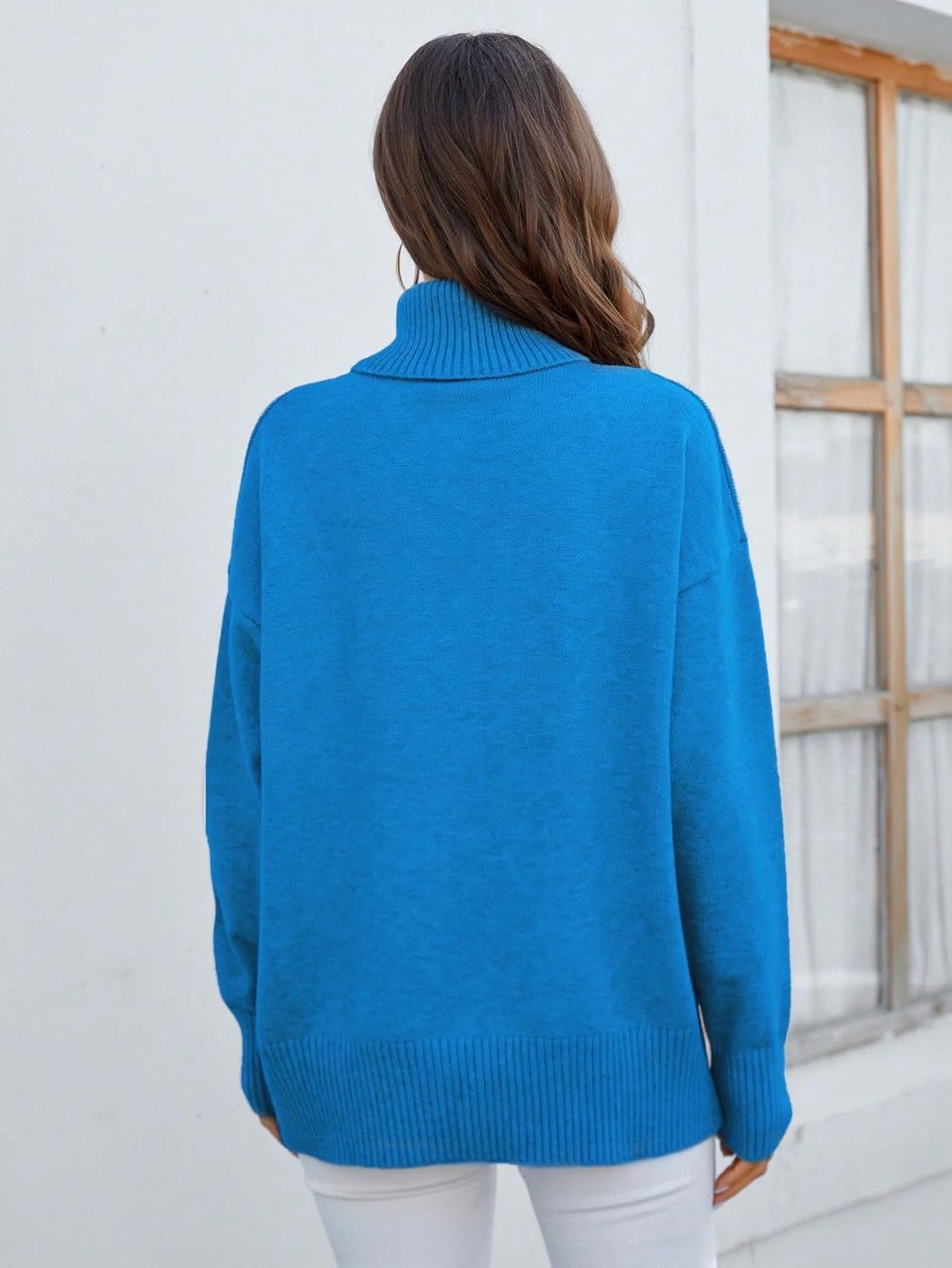 Women's Sweater Women's Turtleneck Drop Shoulder Sweater Casual Long Pullovers Sweater for Women (Color : Blue, Size : Medium)