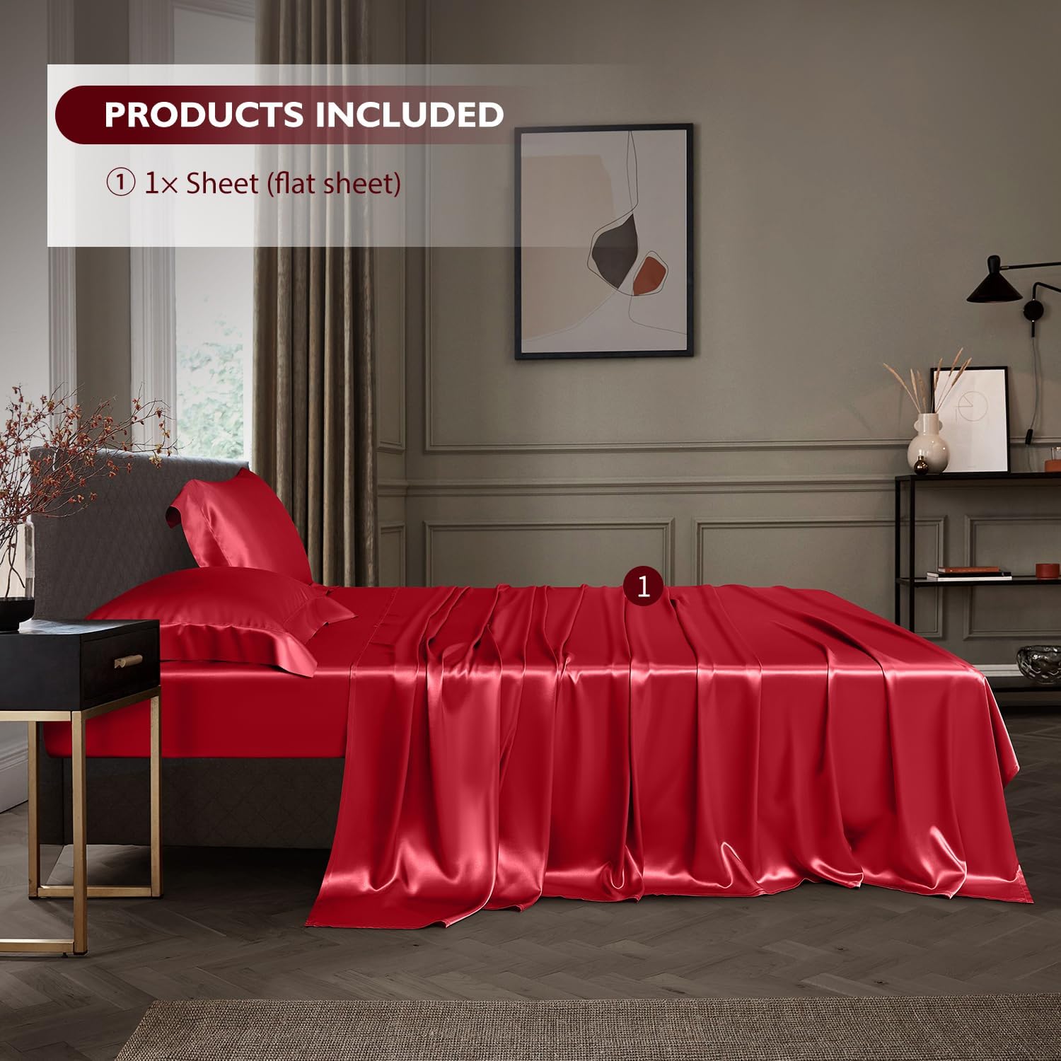 DISANGNI 100% Mulberry Silk Flat Sheet - 22 Momme, Natural 6A Grade, Luxurious and Smooth, Hypoallergenic, Breathable, Skin-Friendly (Red, Twin)