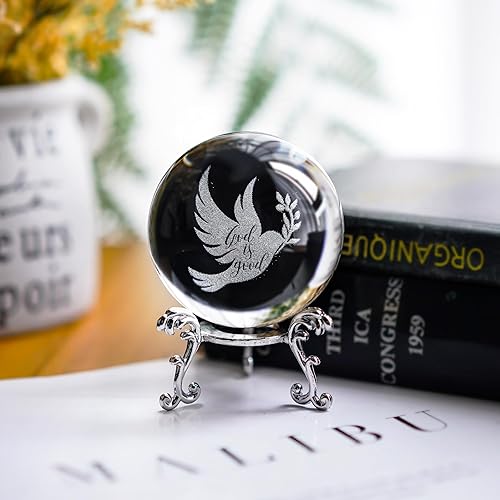 Miniatura 9 de ZEERSHEE Bola de paloma de la paz de cristal de 2.362 in, paloma grabada con láser con rama de olivo, adorno de paloma de cristal con soporte para