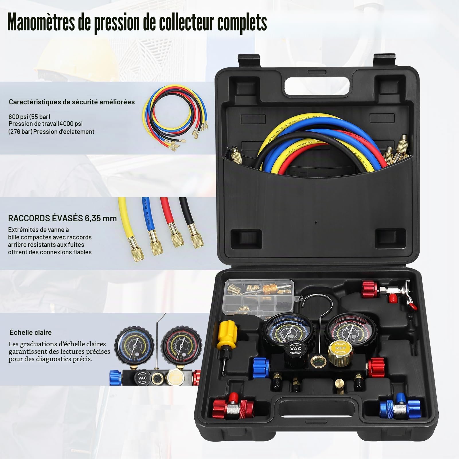 Réfrigérant Manifold Gauge Set, Weytoll Ensemble de manomètres pour climatisation, adaptateurs de couplage rapide en laiton pour réfrigérant R22/R134a/R410a