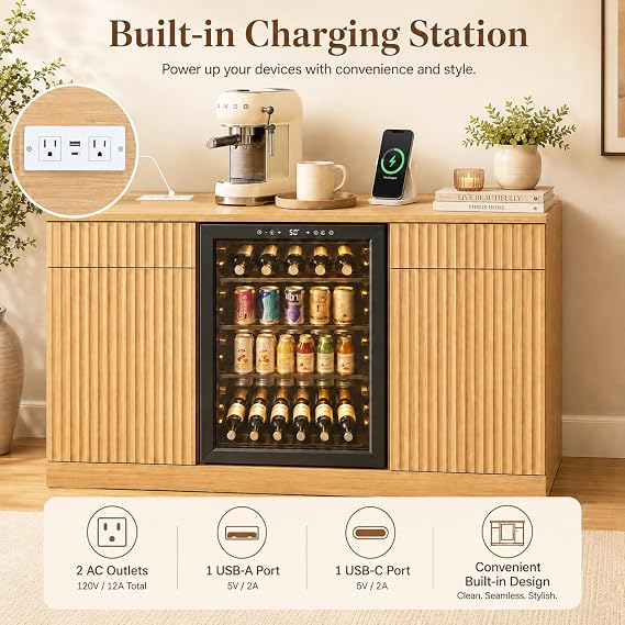 Large Coffee Bar Cabinet with Fridge Space, Fluted Mini Fridge Cabinet with Storage & Power Outlet, Modern Design Buffet Sideboard Table for Home Bar
