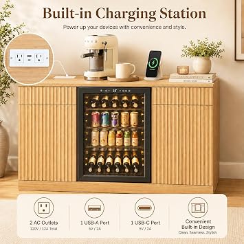 Large Coffee Bar Cabinet with Fridge Space, Fluted Mini Fridge Cabinet with Storage & Power Outlet, Modern Design Buffet Sideboard Table for Home Bar