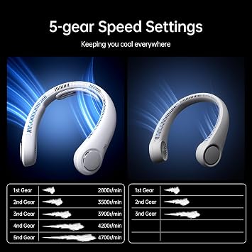 JISULIFE Portable Neck Fan Upgraded: Neckbrace Hands-Free, 5-Speed 5000 mAh | 16.5H Max Runtime, Personal Wearable Bladeless Rechargeable Fan for Outdoor/Travel/Concerts, Gifts for Women Men - Foggy Grey