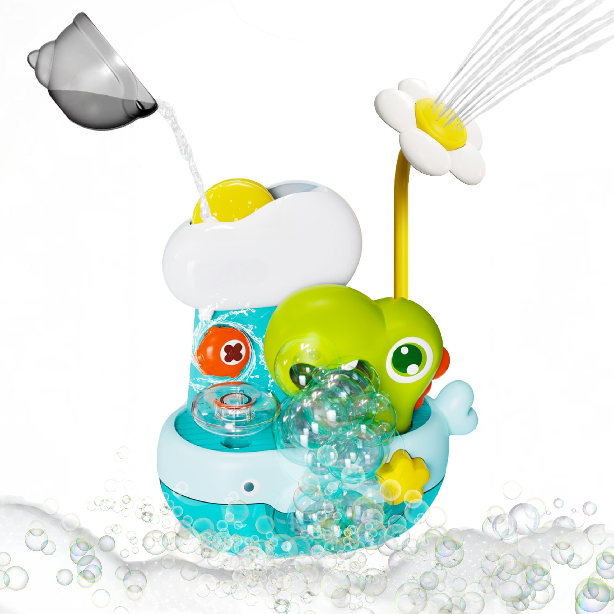 SPITZER TOYS Dinosaurio de espuma con ducha para bebé, juguete de baño con pompas de jabón, juguete para bañera, juego de juguetes de agua para bebés para niñas y niños a partir de 1, 2, 3, 4 años